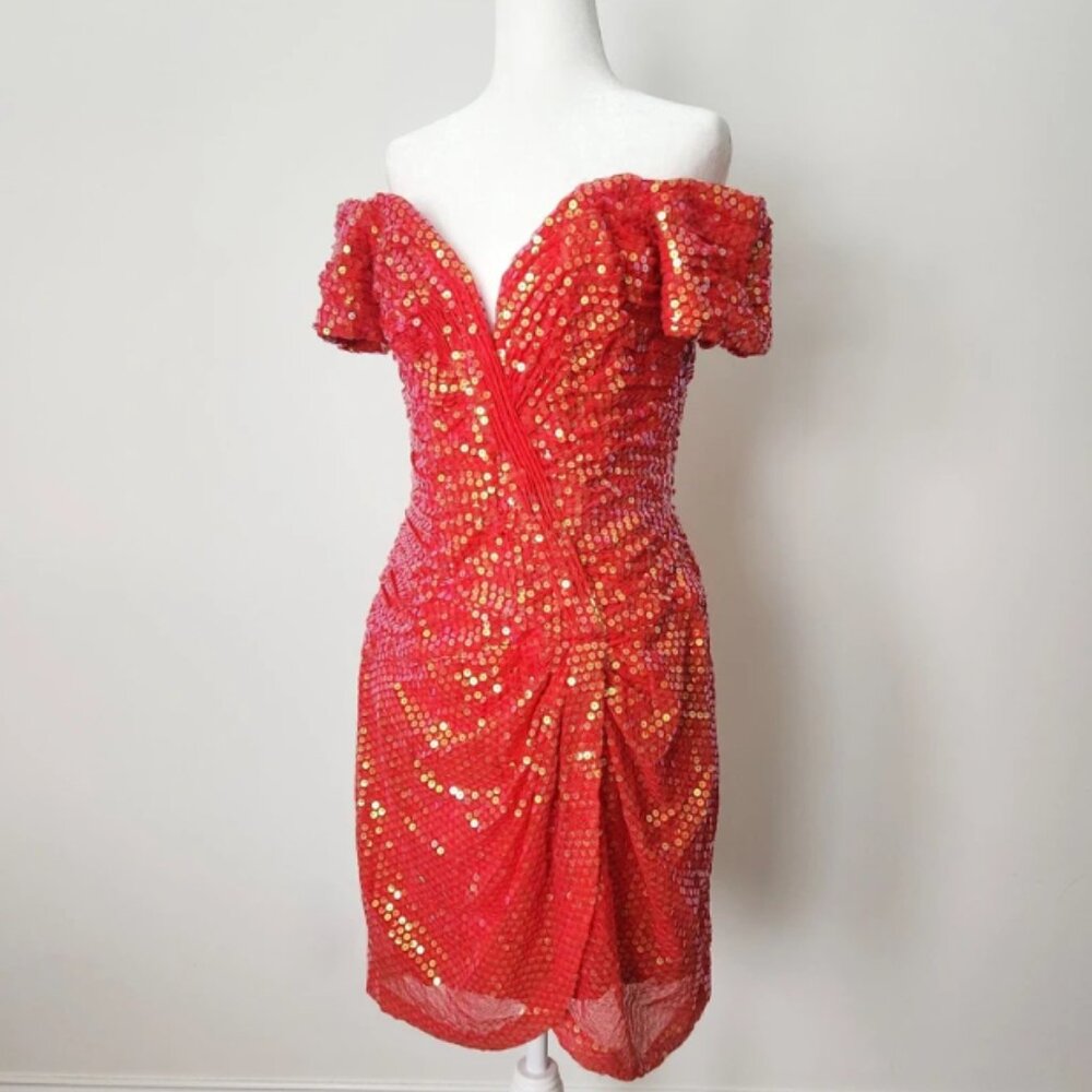 Vtg 90s Vicky Tiel Red Sequin Dress Sz 44 Paris Couture Off Shoulder Cocktail
